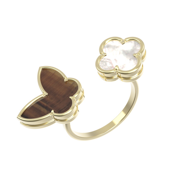 Кольцо из лимонного золота c тигровым глазом и перламутром
