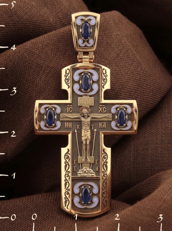 Крест из золота c эмаль и сапфиром