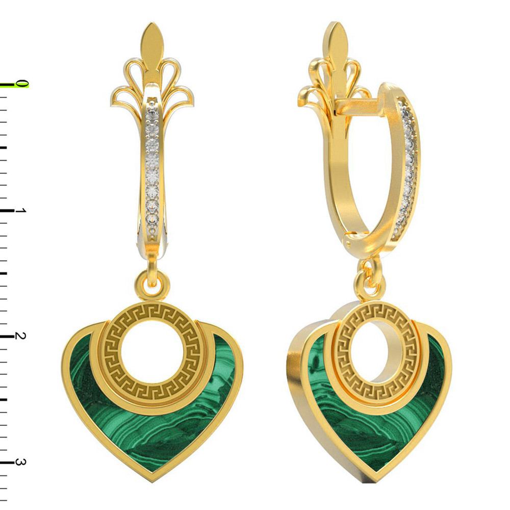 Серьги из лимонного золота c фианитом и малахитом