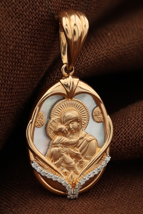 Образок из золота c бриллиантами и перламутром