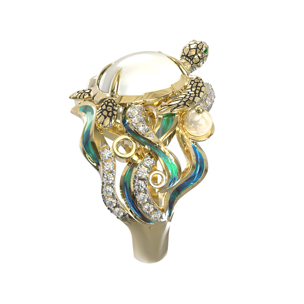 Кольцо из лимонного золота c эмаль , бриллиантами, жемчугом и перламутром
