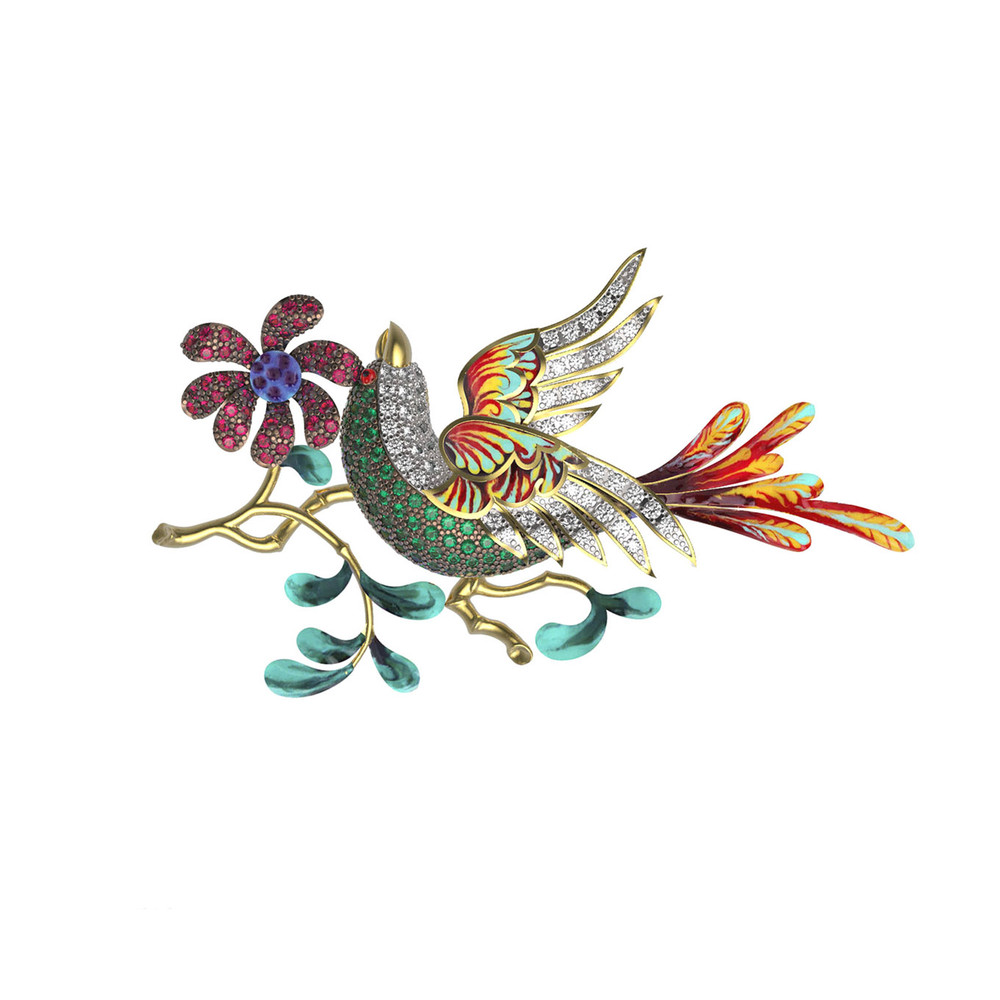 Брошь из лимонного золота c эмаль и фианитом