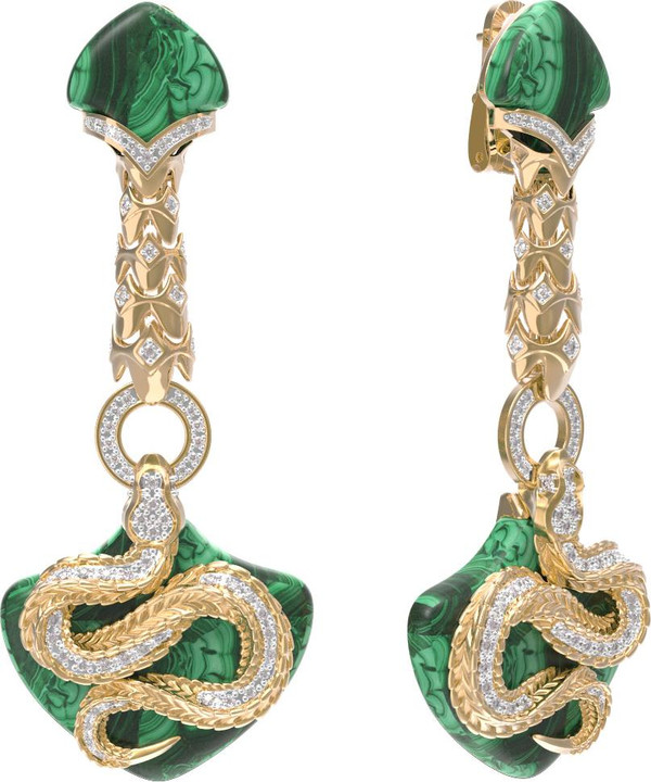 Серьги из лимонного золота c бриллиантами и малахитом