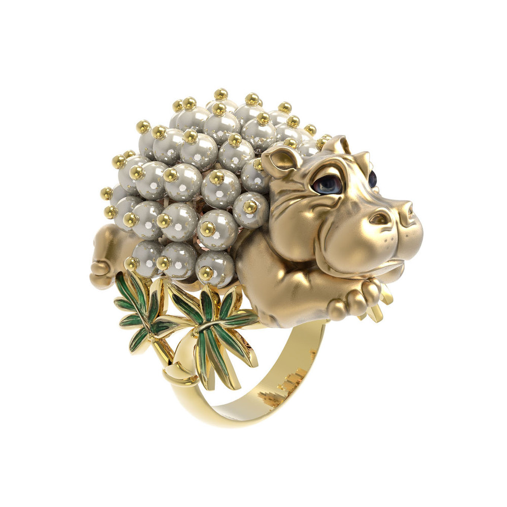 Кольцо из лимонного золота c эмаль и жемчугом