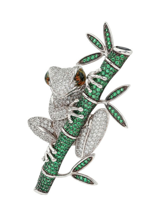 Брошь из белого золота c эмаль , фианитом и дымчатым кварцем