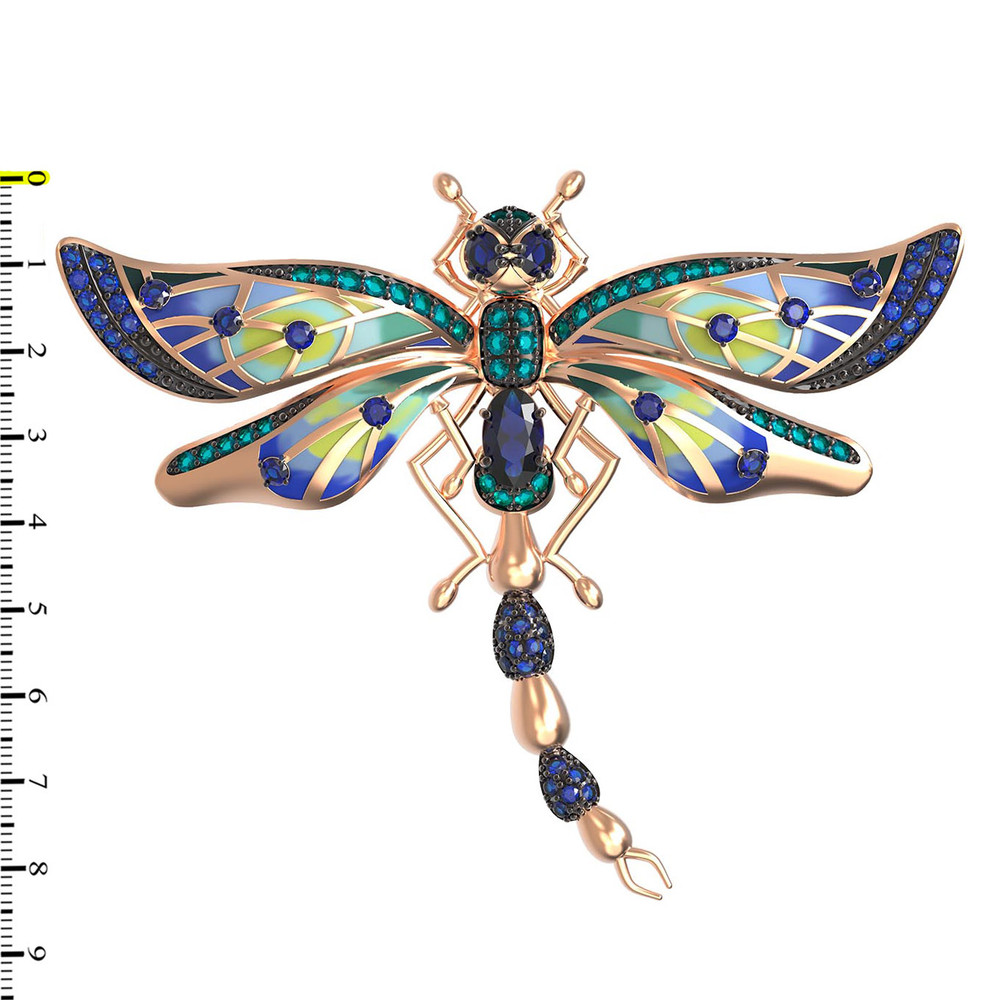 Брошь из золота c фианитом, сапфиром и эмалью