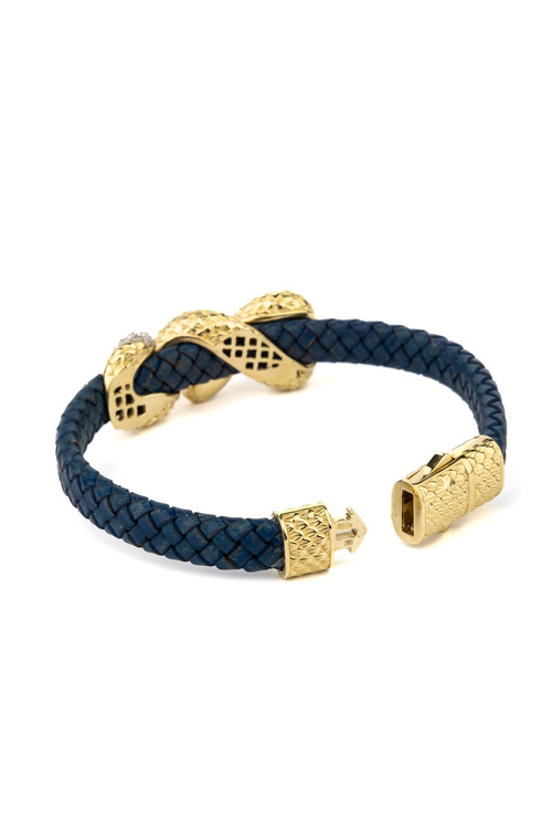 Браслет из лимонного золота c бриллиантами, изумрудом и кожаным шнурком