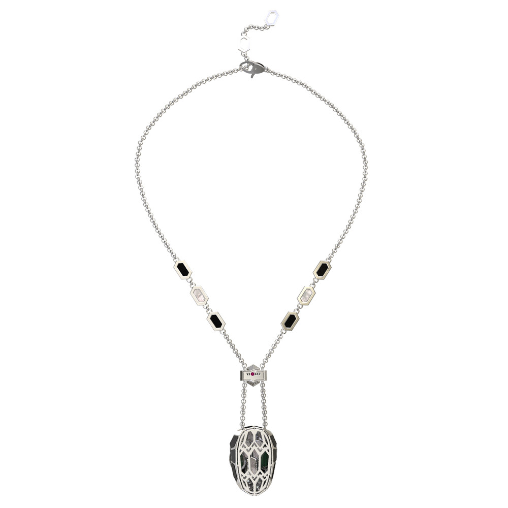 Колье из белого золота c бриллиантами, рубином, ониксом, малахитом и перламутром