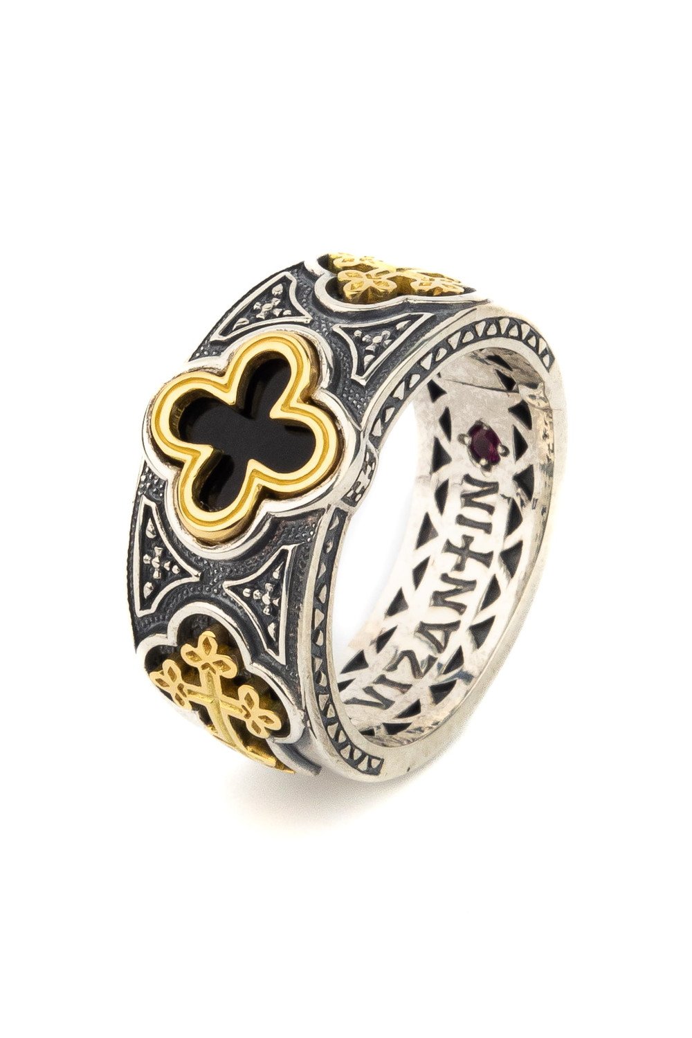 Кольцо из серебра и золота c ониксом и рубином