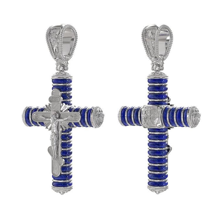 Крест из белого золота c лазуритом