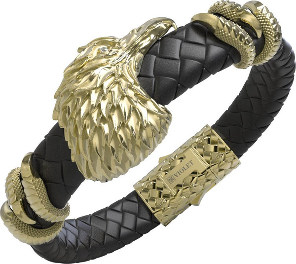 Браслет из лимонного золота c бриллиантами и кожаным шнурком