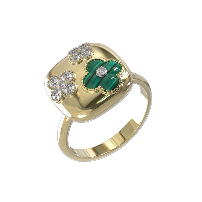 Кольцо из лимонного золота c бриллиантами и малахитом