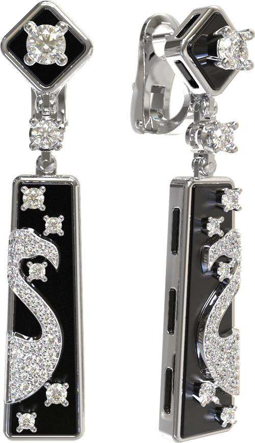 Серьги из белого золота c бриллиантами и ониксом