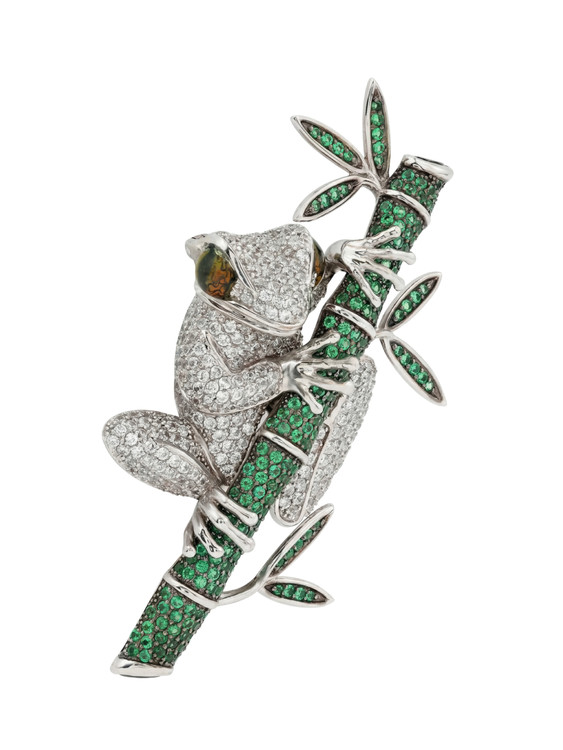 Брошь из белого золота c эмаль , фианитом и дымчатым кварцем