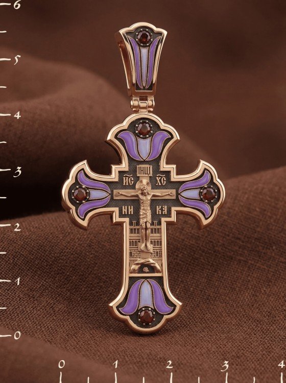 Крест из золота c эмаль и рубином