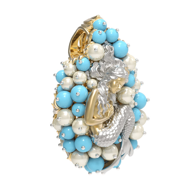 Подвеска из лимонного золота c жемчугом и бирюзой