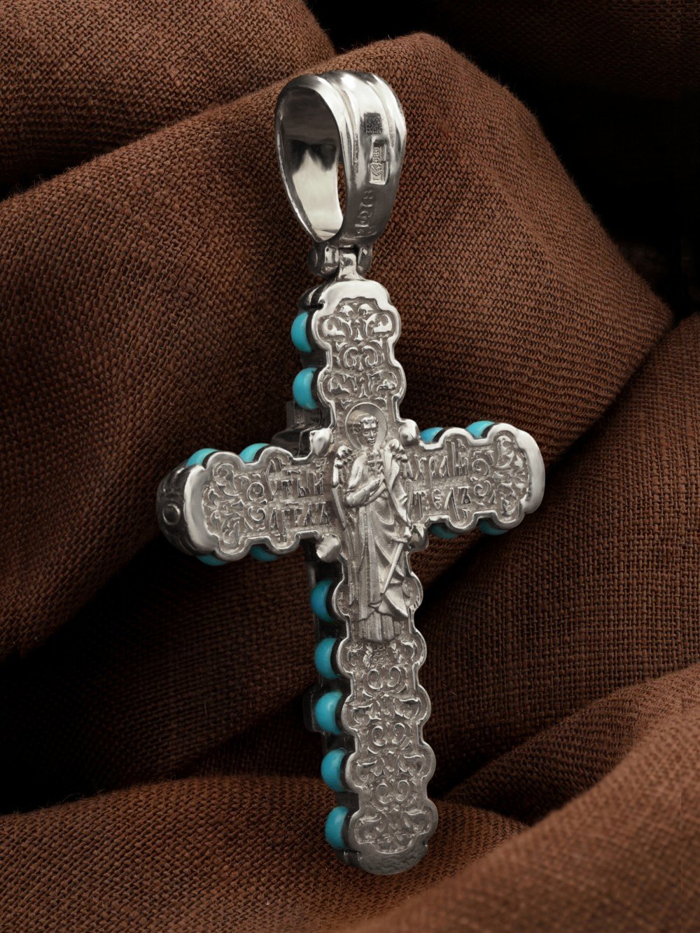 Крест из белого золота c бирюзой