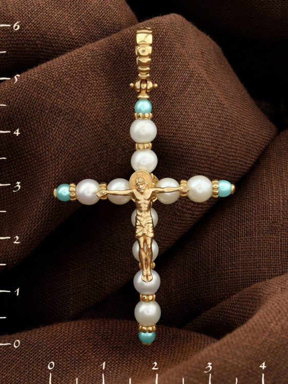 Крест из лимонного золота c жемчугом и бирюзой