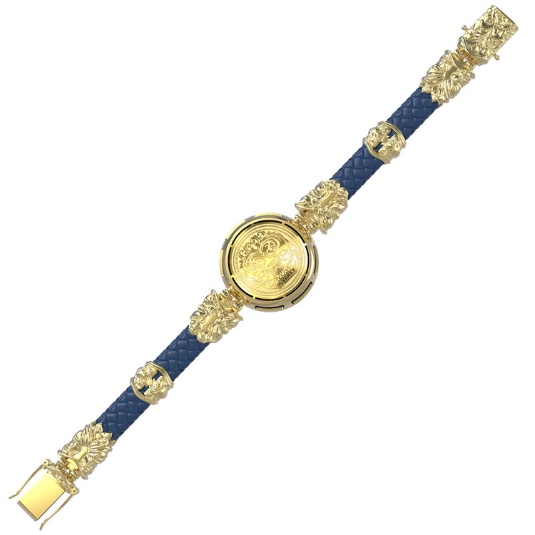 Браслет из лимонного золота c эмаль , кожаным шнурком и ониксом