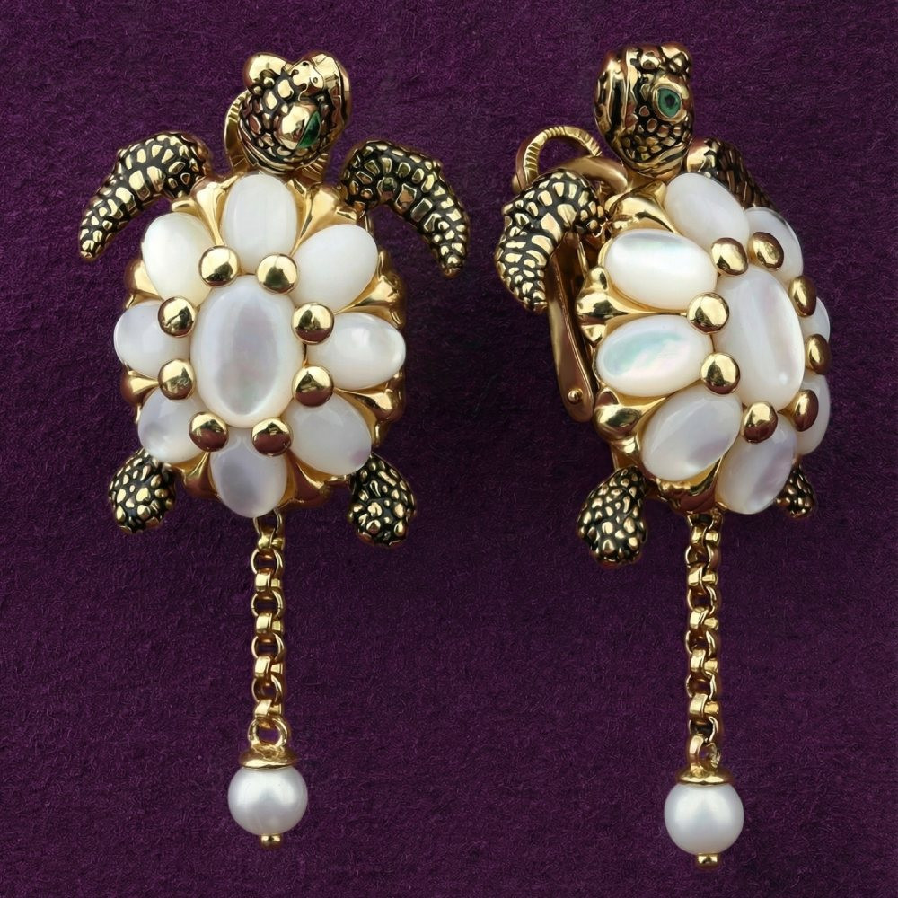 Серьги из лимонного золота c эмаль , жемчугом и перламутром