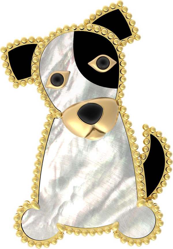 Брошь из лимонного золота c эмаль , ониксом и перламутром