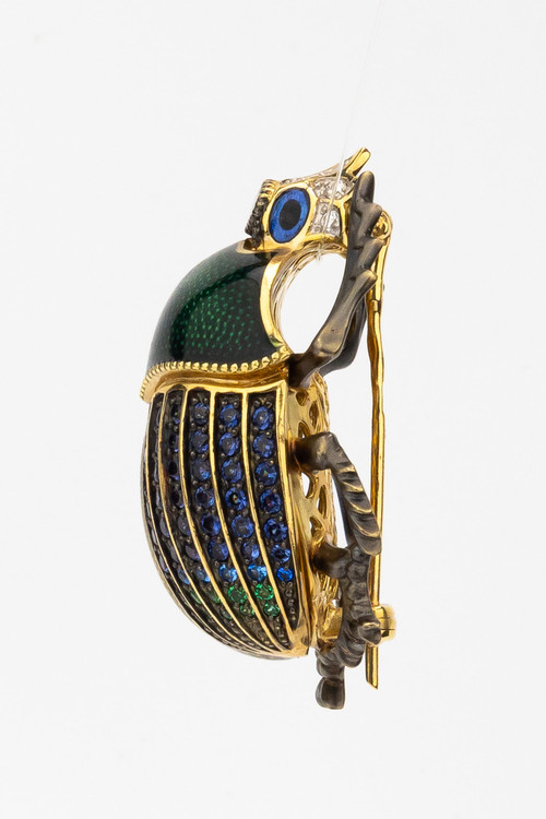 Брошь из лимонного золота c эмаль , фианитом и турмалином