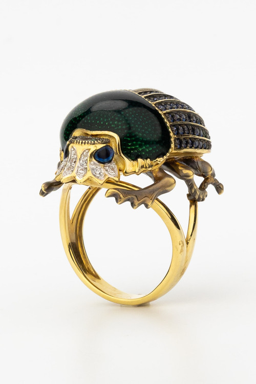 Кольцо из лимонного золота c эмаль , фианитом и турмалином