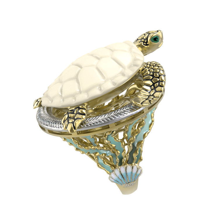 Кольцо из лимонного золота c эмаль и бивнем мамонта