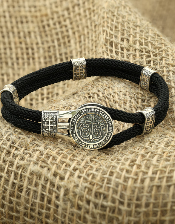 Браслет из серебра и золота c шёлковым шнурком