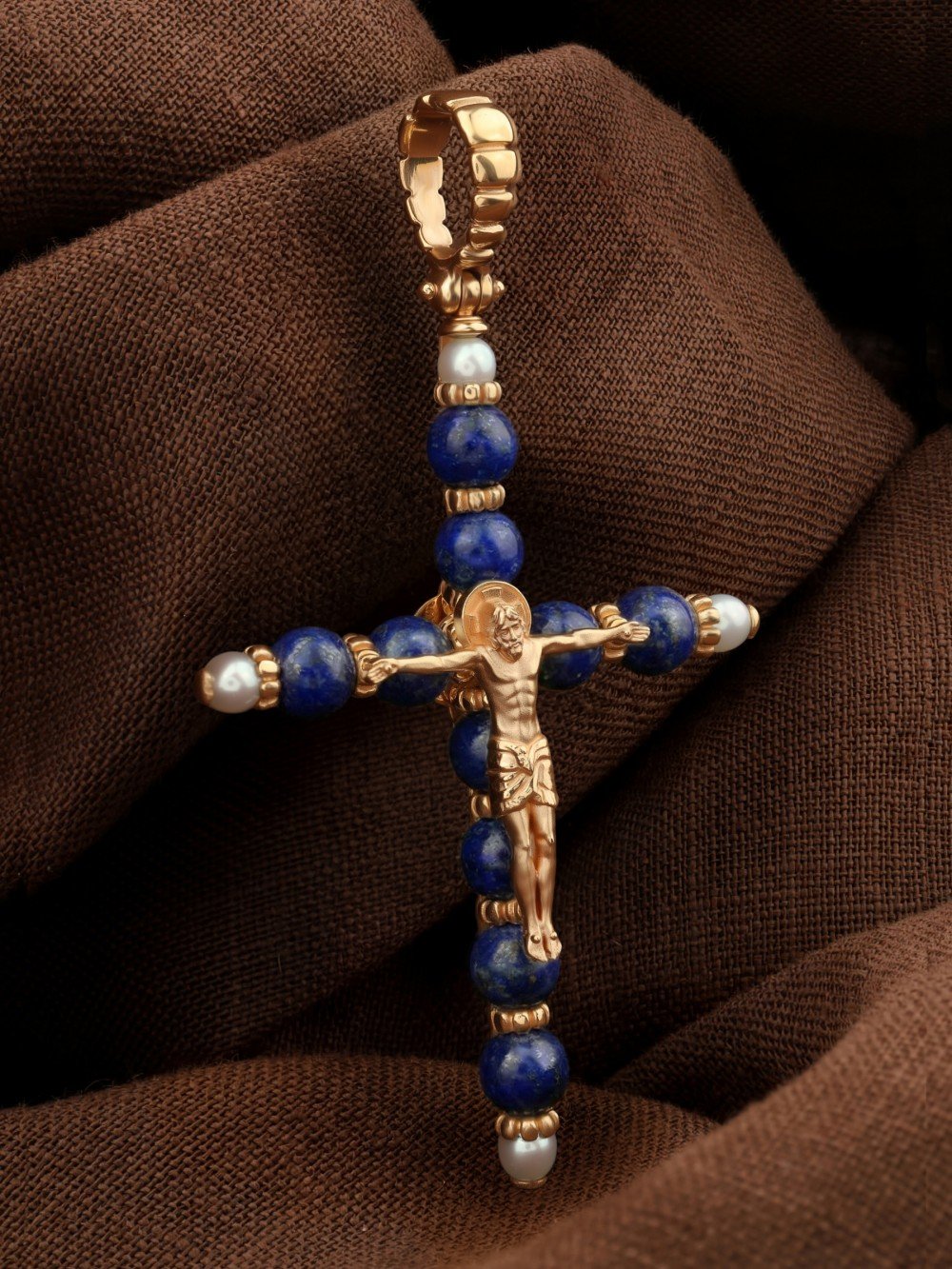 Крест из золота c жемчугом и лазуритом