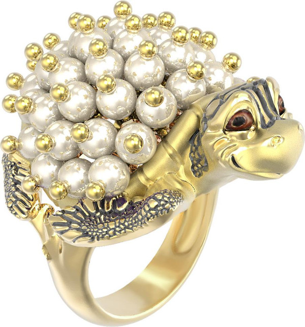 Кольцо из лимонного золота c эмаль и жемчугом