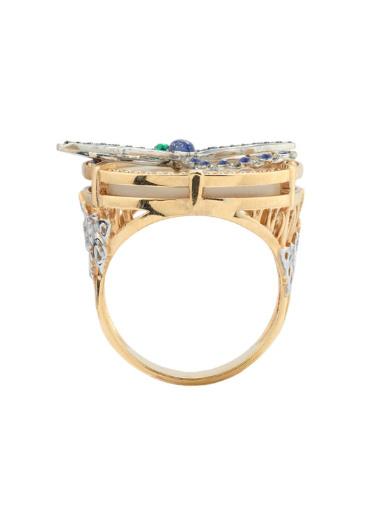 Кольцо из золота c сапфиром, эмалью и перламутром