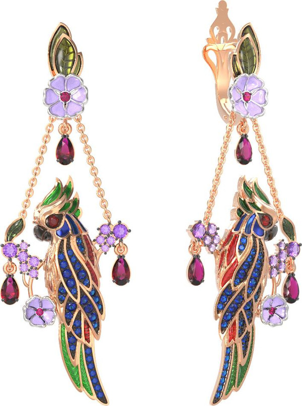 Серьги из золота c эмаль , аметистом, рубином, аметистом и сапфиром