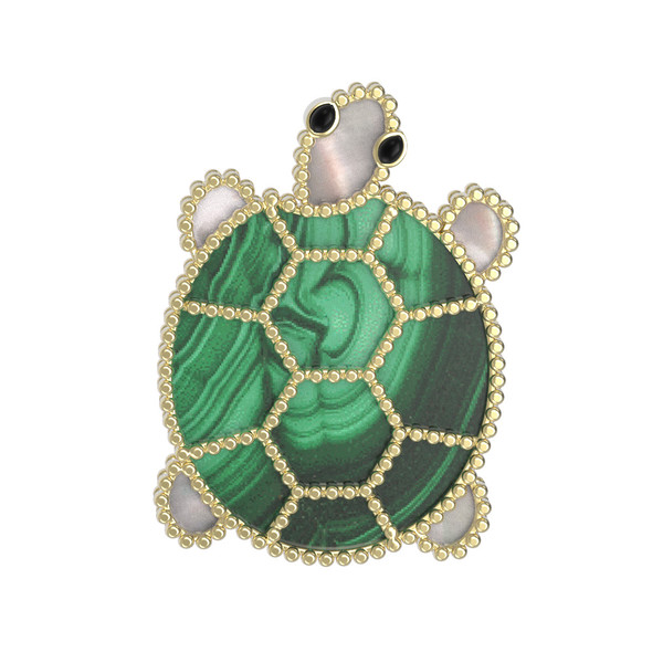 Брошь из лимонного золота c эмаль , малахитом и перламутром