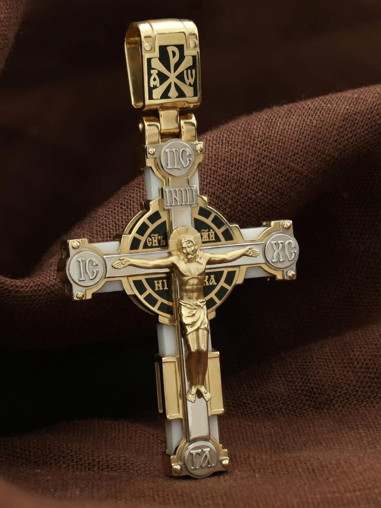 Крест из лимонного золота 585 пробы c эмалью и эбеновым деревом