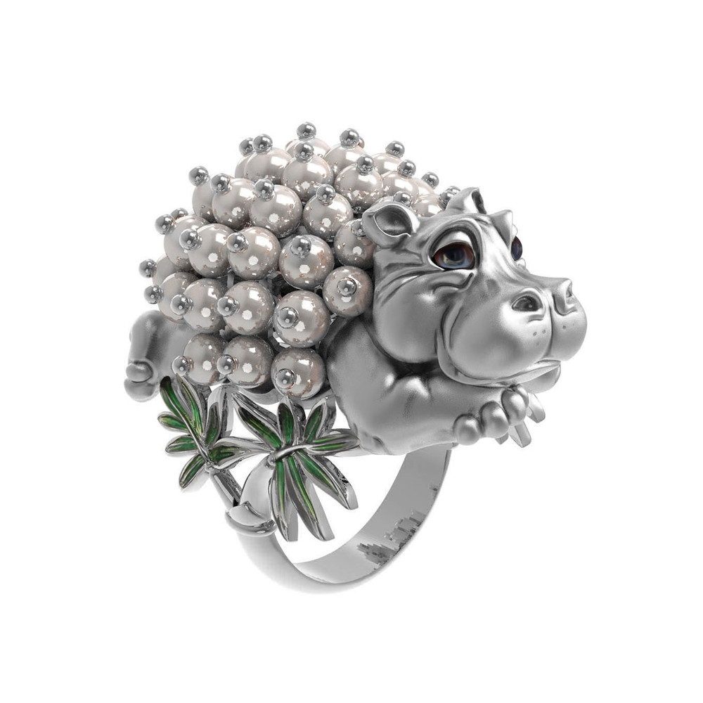 Кольцо из белого золота c эмаль и жемчугом