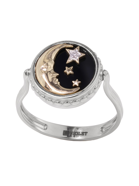 Кольцо из белого золота c бриллиантами, ониксом и перламутром