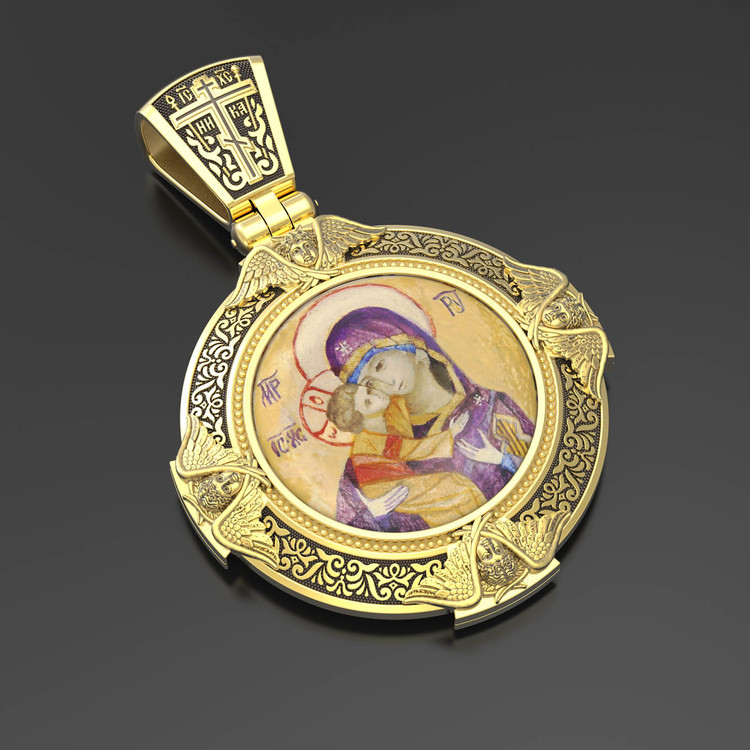 Образок из лимонного золота c эмаль , иконописью и темперой