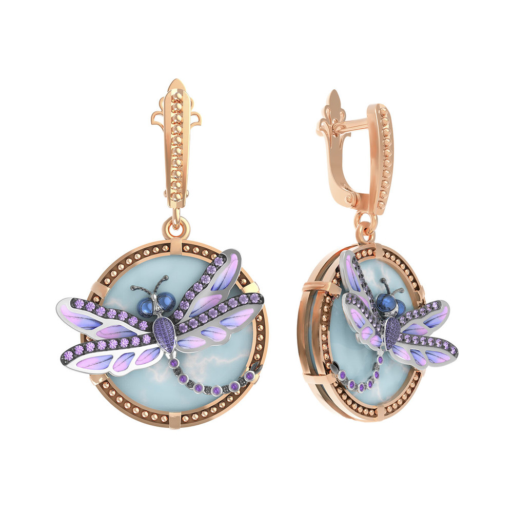 Серьги из золота c бирюзой, аметистом и эмалью