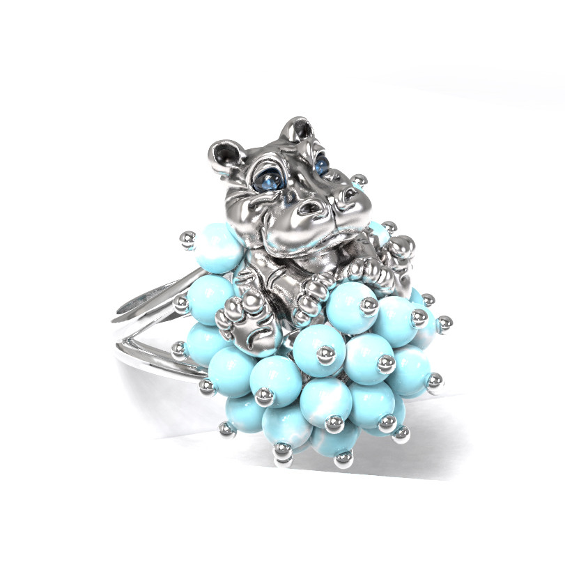 Кольцо из белого золота c эмаль и бирюзой