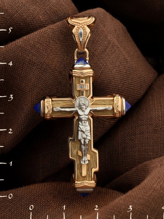 Крест из золота c лазуритом и железным деревом