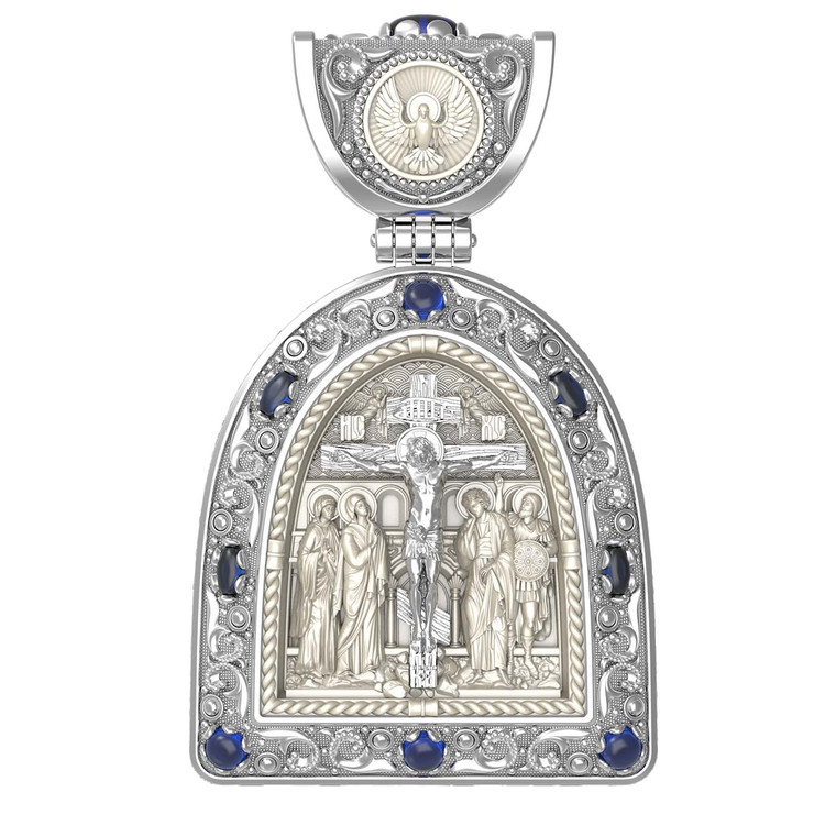 Образок из белого золота c эмаль , сапфиром и бивнем мамонта