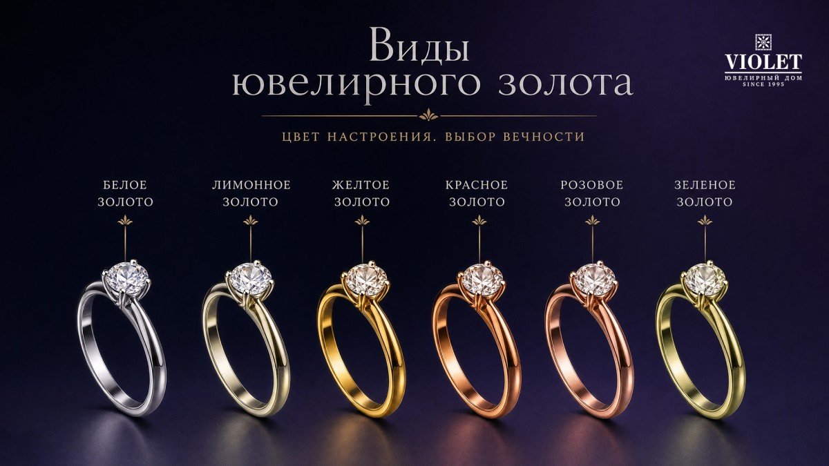 Виды ювелирного золота - белое, лимонное, желтое, красное, розовое и зеленое