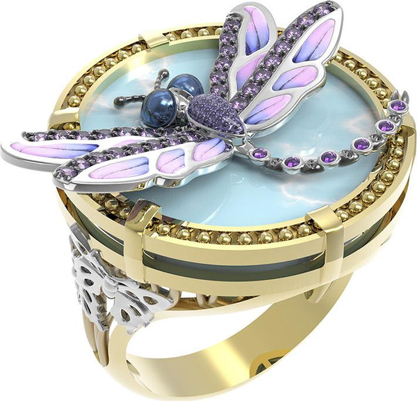 Кольцо из лимонного золота c бирюзой, аметистом и эмалью