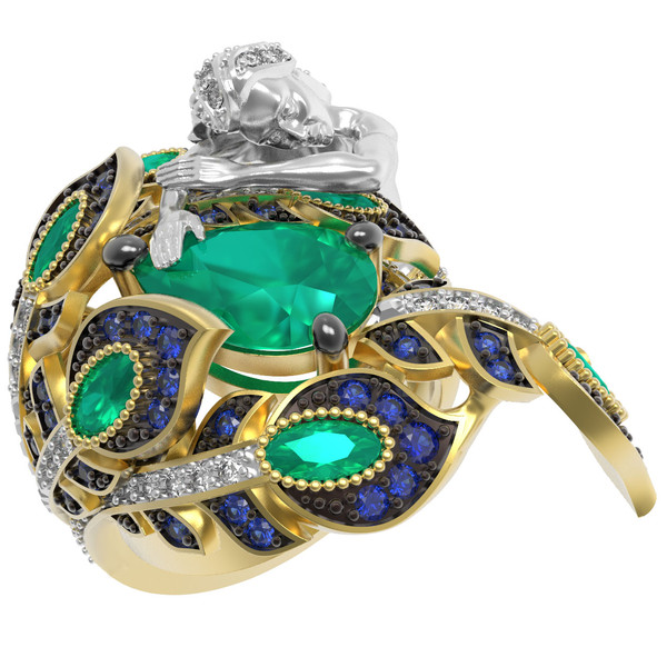 Кольцо из лимонного золота c фианитом и хризопразом