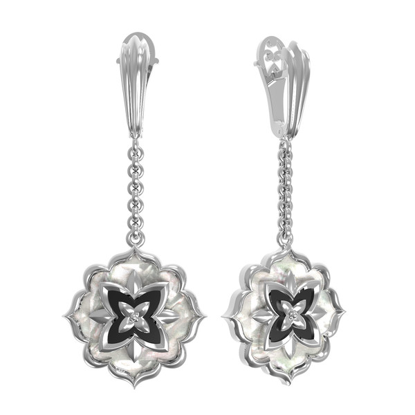 Серьги из белого золота c ониксом и перламутром