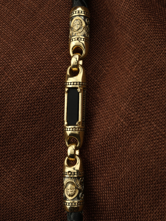 Шнурок кожаный из лимонного золота c кожаным шнурком и ониксом