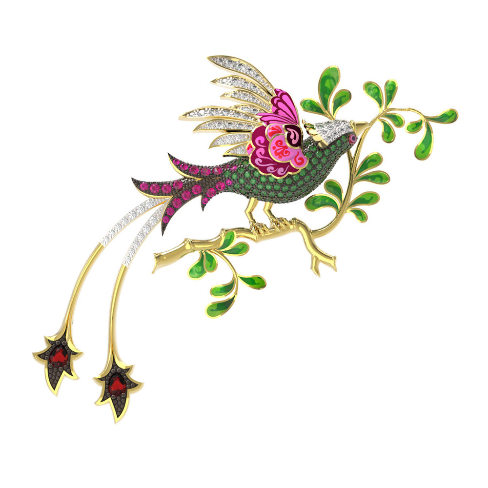 Брошь из лимонного золота c эмаль , фианитом и гранатом