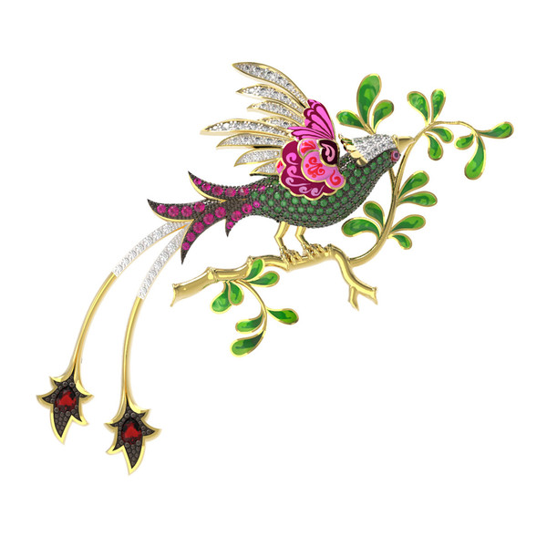 Брошь из лимонного золота c эмаль , фианитом и гранатом