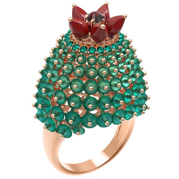 Кольцо из золота c гранатом, хризопразом, изумрудом и кораллом